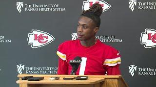 Chiefs rookie Xavier Worthy talks at rookie minicamp in Kansas City