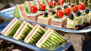 Quick and easy party food ideas. 4 Appetizer recipes for parties. Cucumber tomatoes and salmon
