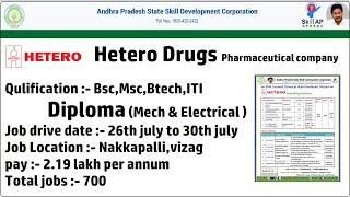 HETERO DRUGS Recruitment drives  skill AP  Diploma B-tech  job location vizag 