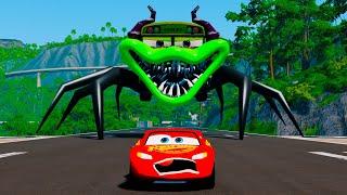 Lightning McQueen vs Spider-Like Car Monster Miss Fritter Chases - Epic Crash Escapes  BeamNG