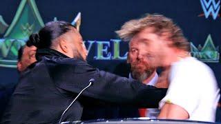 ROMAN REIGNS SENDS LOGAN PAUL FLYING ACROSS STAGE AFTER PUSH MAKES HIM ACKNOWLEDGE HIS TRIBAL CHIEF
