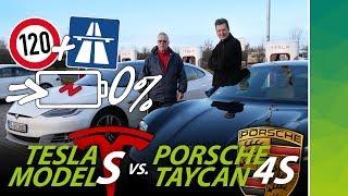 Porsche Taycan 4S vs Tesla Model S Raven Reichweite bei 120 kmh bis Akku leer EPA & WLTP Vergleich