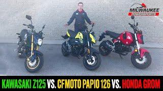 2023 Kawasaki Z125 Pro vs. CF Moto Papio 126 vs. Honda Grom