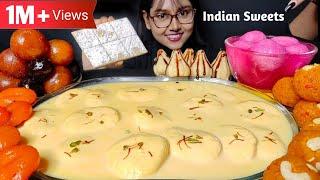 Eating Rasmalai Gulab Jamun Laddu Jalebi Modak  Indian Sweets Asmr  Big Bites  Mukbang