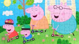 Peppa family is going to ride scooters - collecting a large puzzle for kids Peppa Pig  Merry Nika