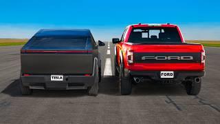 Tesla Cybertruck v F-150 Raptor R DRAG RACE