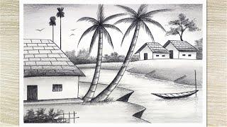 How to Draw Village Scenery with Pencil Sketch Nature Pencil Drawing  for Beginners