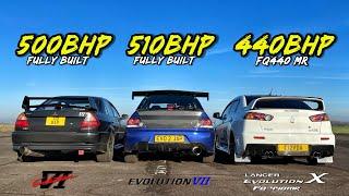 LANCER EVOLUTIONS.. 500HP EVO 6 vs 510HP EVO 7 vs 440HP EVO 10