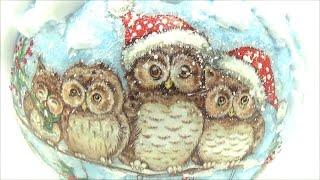 Christmas foam ball decoupage owlsΝτεκουπάζ Χριστουγεννιάτικη μπάλα αφρού-Κουκουβάγιες