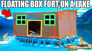 24 HOUR BOX FORT BOAT ON A LAKE FISHING HUGE WAVES REAL SHOWER & 300AM SCARY ISLAND 