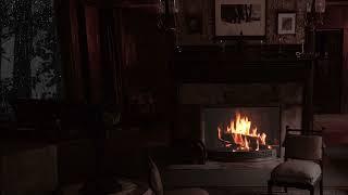 Rain Sound On Window with Thunder Sounds- Fireplace  with Crackling Fire- Heavy Rain