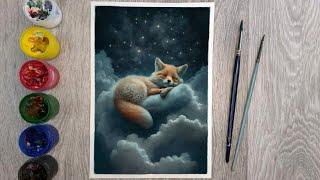 Рисуем звёздное небо и спящую лисичку гуашью