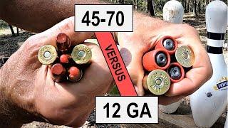 45-70 Hard cast bullets vs 12 gauge slug - Shooting Soft Targets At The Range - A Mess   