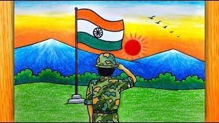 Independence Day Scene with Indian Soldier Drawing Step by Step  15th August Indian Flag Drawing