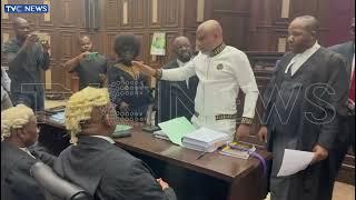 WATCH Moment Counsel To FG Refuses To Shake Hands With Nnamdi Kanu