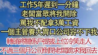 工作5年遲到一分鐘，老闆當眾將我開除，罵我不配拿3萬工資，一個主管養大胃口公司容不下我，轉頭將關係戶提拔上位冷笑走人，不過三個月公司倒閉 老闆跪求我回去 悅讀茶坊  愛情  情感  爽文