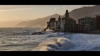 Beautiful View and Stormy Waves in Camogli Liguria Italy