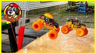 Monster Jam Fire & Ice WATER SLIDE RACE ft. Hot Wheels Monster Trucks BIG RIGS