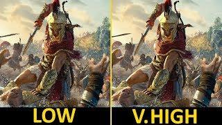 Assassin’s Creed Odyssey  Low vs. V.High  GTX 1050 Ti + i5-7400  1080p