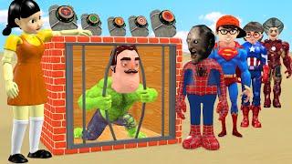 Scary Teacher 3D vs Squid Game Become Superhero Nick Hulk Escape from prison cell 5 Times Challenge