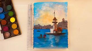 Suluboya ile Kız Kulesi gün batımı çizimi ️ kolay anlatım - evde sanat var ️