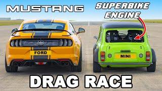 Ford Mustang V8 v Hayabusa-powered Mini DRAG RACE