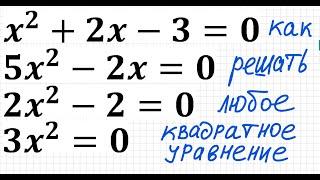 Как решать любое квадратное уравнение Полное Неполное квадр ур x^2+2x-3=0 5x^2-2x=0 2x^2-2=0 3x^2=0