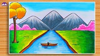 How to draw Boat with scenery  Beautiful nature scenery