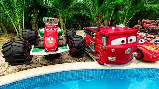 Disney Pixar Cars falling into deep pool Lightning McQueen Tow Mater Mack Sally Francesco