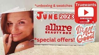 Allure June 2023 Unboxing Swatches Discount Code on First Box $15. & Free TARTE Mascara Other DEALS