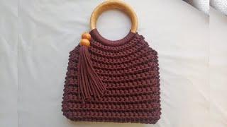 EASY CROCHET RIBBED BAG WITH WOODEN HANDLES - SUPER EASY FOR CROCHET BEGINNERS