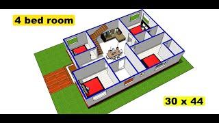 30 x 44 sqft 4 bed room house plan II 30 x 44 ghar ka naksha with 3d design II 4 bhk house plan