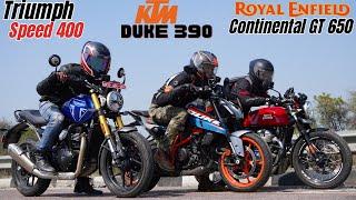 Triumph Speed 400 vs KTM Duke 390 vs Royal Enfield Continental GT 650 Drag Race