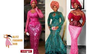 LATEST ASOEBI LACE STYLES 2024 NIGERIAN FASHION STYLES FOR LADIES DAMASK GOWN STYLES FOR LADIES