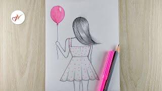 How to draw a little girl holding a balloon  Easy pencil drawing for beginners