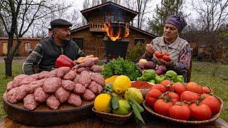 Kazan Cutlets With Vegetables Cooking on a Wood Fire