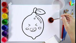 How to draw a cute Lemon - Lemon Coloring page for kids - Watercolor Lemon