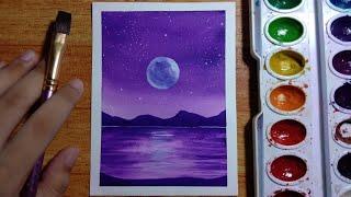 Easy Purple Night Sky Watercolor Painting for Beginners  Step-by-step Tutorial