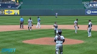 Trevor Bauer throws ball over centerfield wall after a rough 5th inning a breakdown