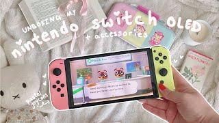 nintendo switch OLED aesthetic unboxing + pastel joycons accessories & first cozy games haul 