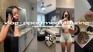 vlog  come tour apartments with me trying crumble cookie & working out