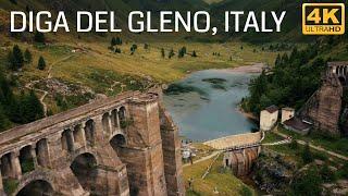 Gleno Dam a collapsed dam in the italian Alps - aerial 4k drone video