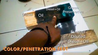 Wood Treatment Color Test Green Preservative vs Motor Oil vs Diesel + Motor Oil vs Diesel vs Polish