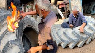 75 year old man Repair BIG Tractor Tire Amazing Technique Of Repairing A Tractor Tire 
