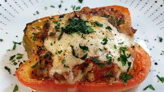 Fabulous Baked Stuffed Peppers with Meat Rice Smoked Scamorza and Tomato Sauce