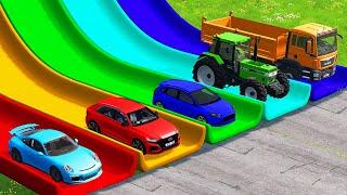 Flatbed Trailer Cars Transportation with Slide Color - Car vs Speed Bump vs Deep Water - BeamNG