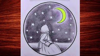 How to draw a girl in landscape with moon and stars Simple and easy pencil sketch landscape