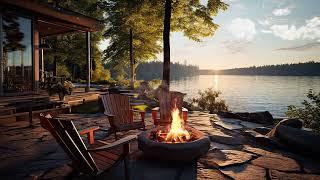 Summer Morning in Lakefront  Relaxation with Calm Lake Waves Sounds and Campfire