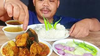 EATING SPICY FISH CURRY  AND RICE  AND SALAD AND GREEN CHILLI  SPICY  FISH GRAVY EATING SHOW