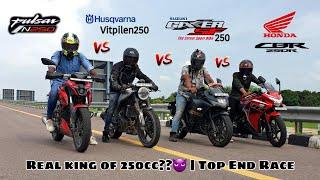 Suzuki Gixxer SF250 Bs6 vs Pulsar N250 vs Husqvarna Vitpilen250 Bs6 vs Honda CBR250R Bs6  Drag Race